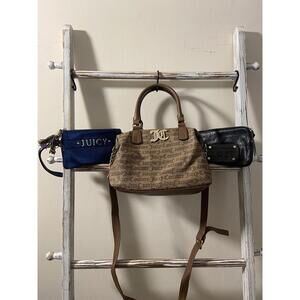 SOLD Juicy Couture brown canvas bag, blue pouch, black leather
